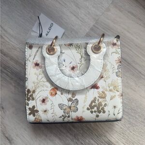 ALDO White Floral & Butterfly Mini Tote with Gold Hardware